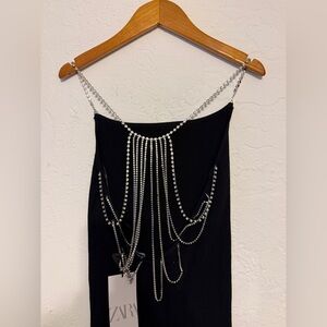 Zara Black Dress with Silver Chain Accents Rhinestones chain back